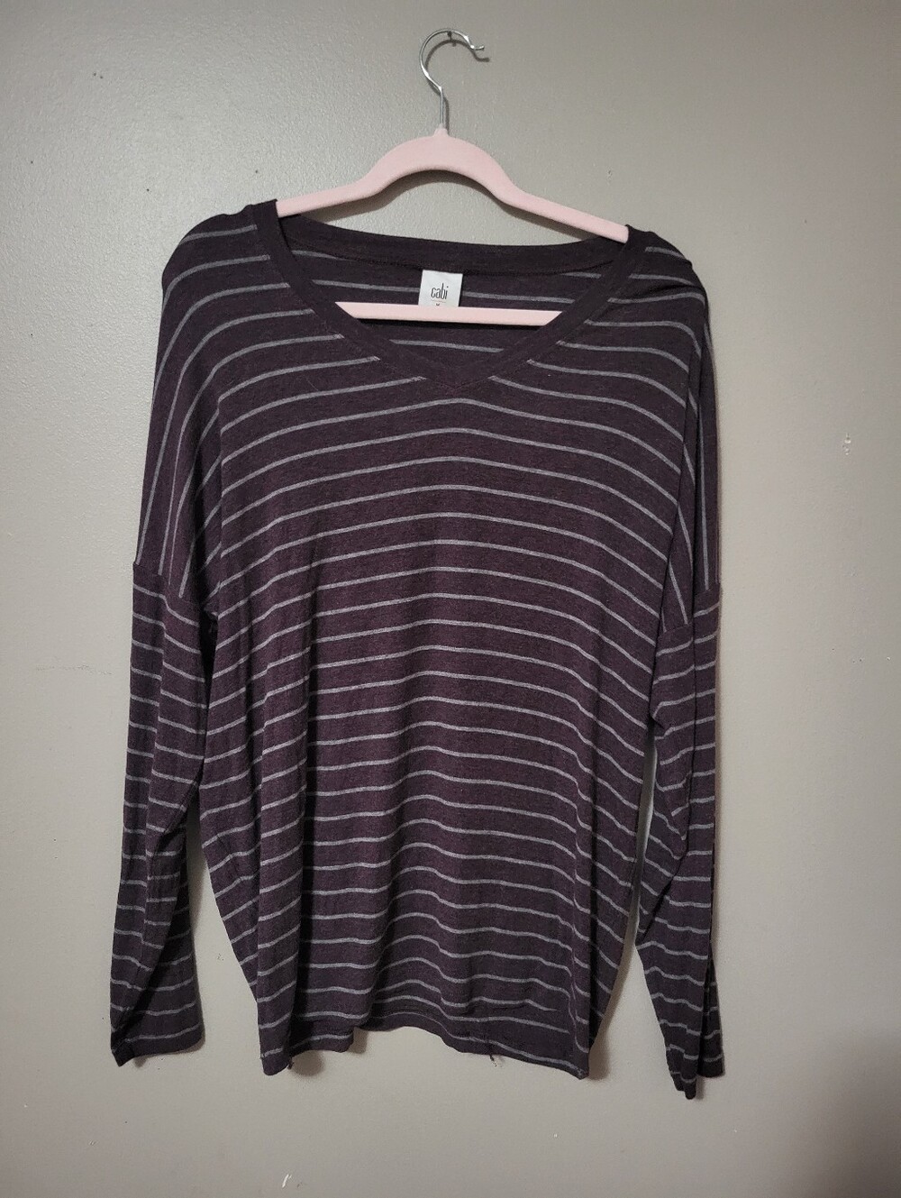CAbi Purple & Gray Striped V-Neck Sweater Medium Top